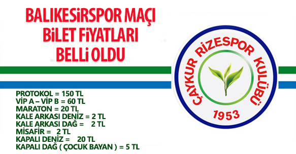 ÇAYKUR RİZESPOR - BALIKESİRSPOR MAÇI BİLET FİYATLARI