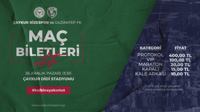 Çaykur Rizespor-Gaziantep FK Maçı Biletleri Satışta