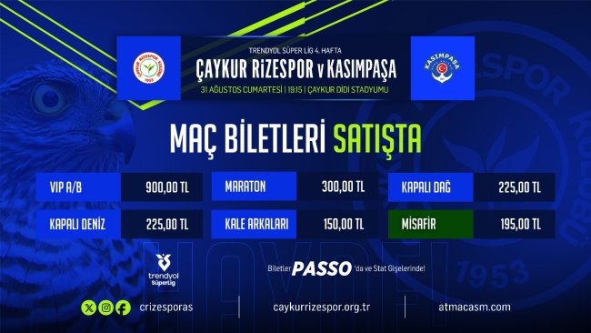 Çaykur Rizespor – Kasımpaşa maçı biletleri satışa çıktı.