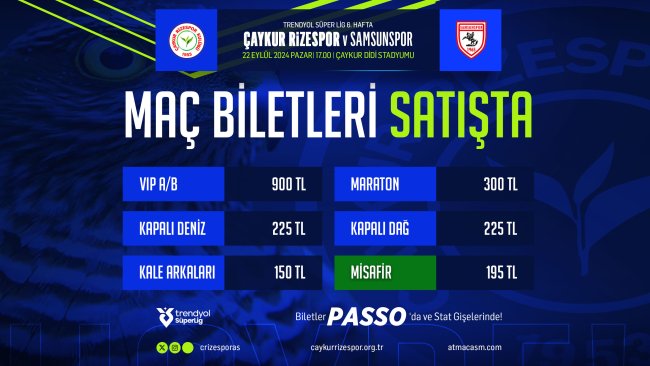 Çaykur Rizespor – Samsunspor Maçı Biletleri Satışa Çıktı