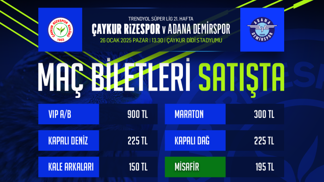 Çaykur Rizespor – Adana Demirspor Maçı Biletleri Satışa Çıktı