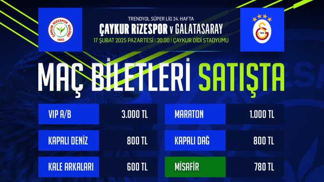 Çaykur Rizespor – Galatasaray maçının biletleri satışa çıktı