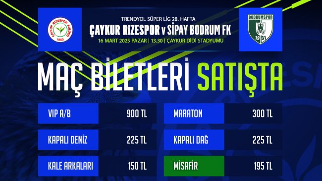 Çaykur Rizespor – Sipay Bodrum FK maçının biletleri satışa çıktı