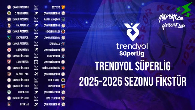 Çaykur Rizespor'umuzun 2025-2026 futbol sezonu Trendyol Süper Lig ilk yarı fikstürü.
