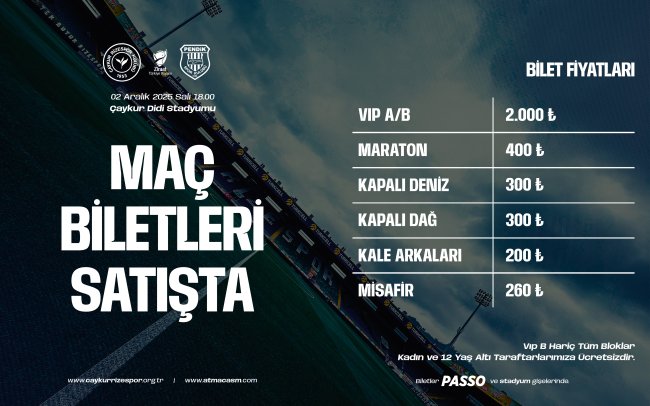 Çaykur Rizespor – Atko Grup Pendikspor maçının biletleri satışa çıktı.